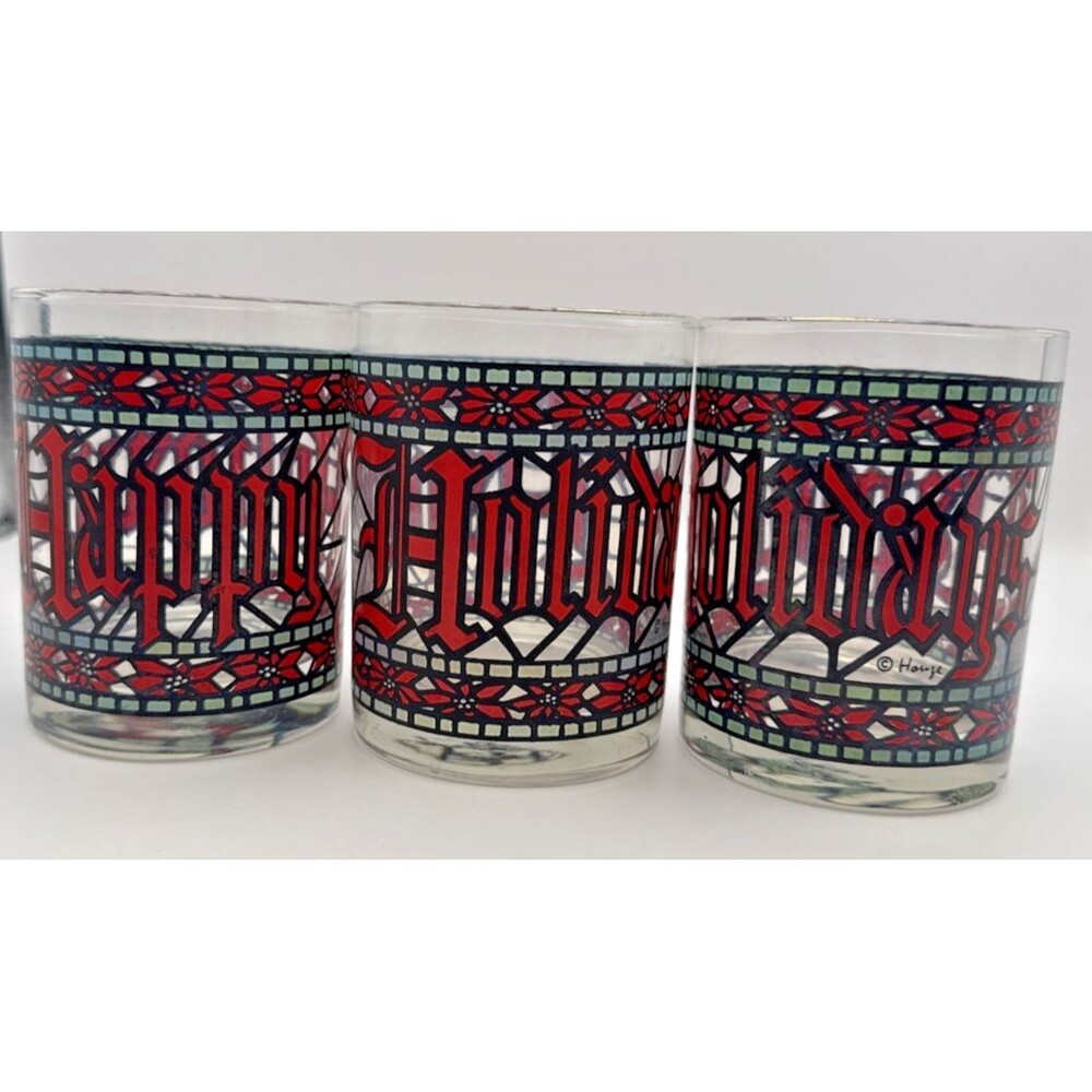 Houze Vintage Happy Holidays Stained Glass Christmas Tumblers Set of 3